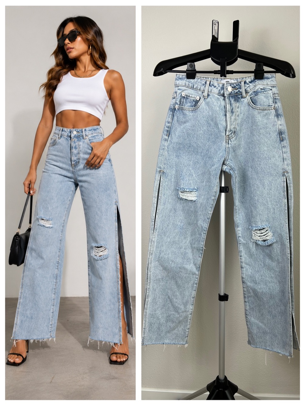 Adika Y2K Split Leg Distressed Jeans Wide Leg Grunge Skater Denim Streetwear S